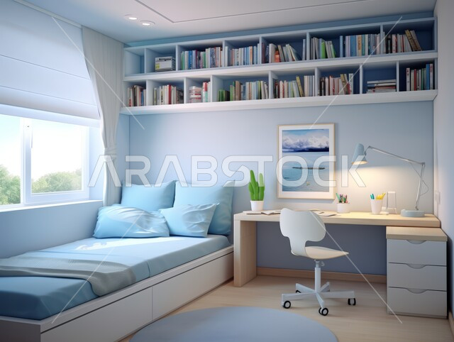 غرفة نوم بتصاميم عصرية، شقق وفلل سكنية مميزة، الفنادق والمنتجعات الفخمة في المملكة العربية السعودية، تصميمات وديكورات داخلية على الطراز الحديث، غرف نوم بآثاث منزلي أنيق باللون الأزرق، واجهات زجاجية كبيرة