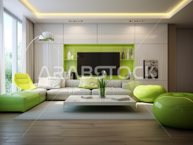 التصميم الداخلي للمنازل والبيوت باللون الابيض والاخضر، أثاث واكسسوارات منزلية داخلية أنيقة، غرفة معيشة بتصاميم عصرية حديثة, شقق وفلل سكنية فاخرة، فنادق ومنتجعات بديكورات راقية في المملكة العربية السعودية