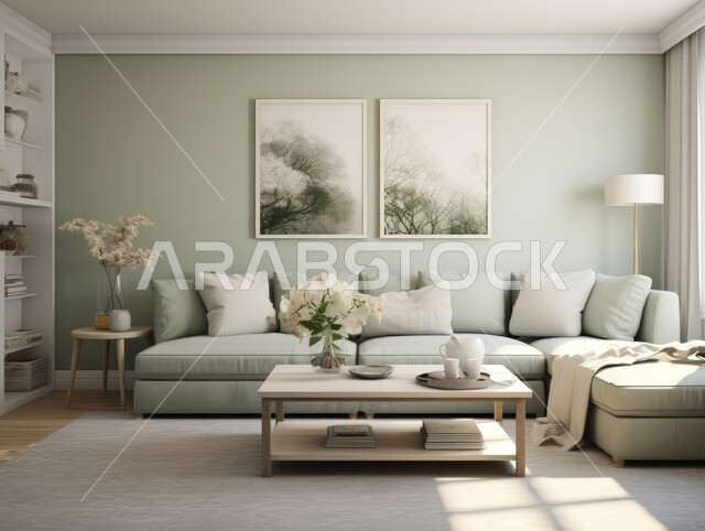 التصاميم الداخلية لغرف الجلوس على الطراز الحديث، غرفة معيشة مع أثاث منزلي فاخر باللون الأبيض، الديكورات الداخلية الراقية للفلل والشقق السكنية المميزة في المملكة العربية السعودية، اكسسوارات وتحف عصرية