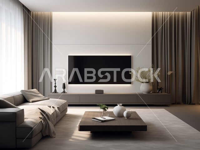 الديكورات الداخلية الراقية للفلل والشقق السكنية على الطراز الحديث في المملكة العربية السعودية، التصاميم الداخلية المميزة لغرف الجلوس، غرفة معيشة مع أثاث منزلي فاخر، اكسسوارات وتحف عصرية