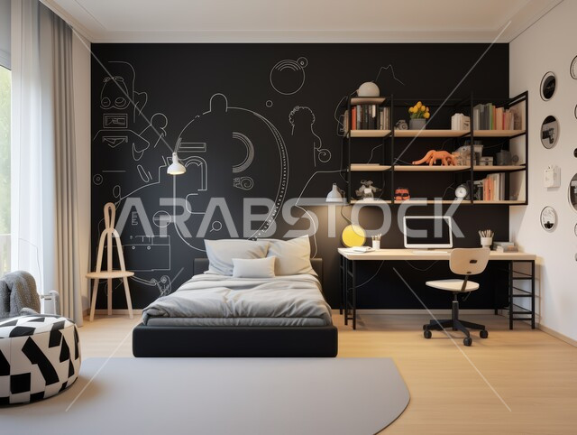 غرفة نوم بتصاميم عصرية، شقق وفلل سكنية مميزة، الفنادق والمنتجعات الفخمة في المملكة العربية السعودية، تصميمات وديكورات داخلية على الطراز الحديث، غرف بأثاث منزلي  أنيق باللون الأسود، واجهات زجاجية كبيرة