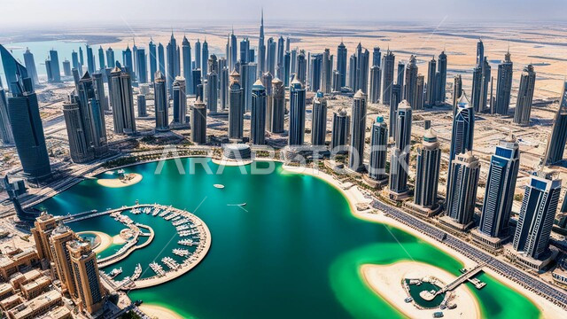 منظر تخيلي مستقبلي للتقدم و النمو العمراني, المباني والمنشآت التجارية الشاهقة في الامارات العربية, رؤية اماراتية مستقبلية 2030, الفن الهندسي المعماري للأبراج وناطحات السحاب, بناء مستقبل حضاري ومتطور