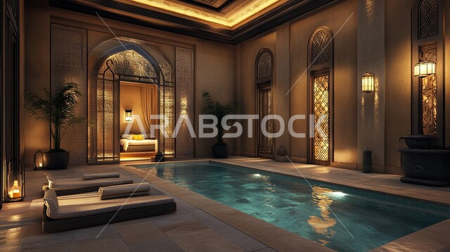 حوض سباحة داخلي مريح, تصاميم عصرية حديثة، منتجعات و فنادق سياحية ترفيهية فاخرة, ديكورات داخلية أنيقة و معاصرة, الإضاءة الهادئة في المسابح الشتوية, مفهوم الاستجمام و الاسترخاء