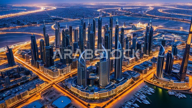 منظر تخيلي مستقبلي للتقدم و النمو العمراني, المباني والمنشآت التجارية الشاهقة في الامارات العربية, رؤية اماراتية مستقبلية 2030, الفن الهندسي المعماري للأبراج وناطحات السحاب, بناء مستقبل حضاري ومتطور