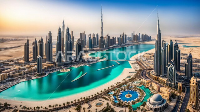 منظر تخيلي مستقبلي للتقدم و النمو العمراني, المباني والمنشآت التجارية الشاهقة في الامارات العربية, رؤية اماراتية مستقبلية 2030, الفن الهندسي المعماري للأبراج وناطحات السحاب, بناء مستقبل حضاري ومتطور