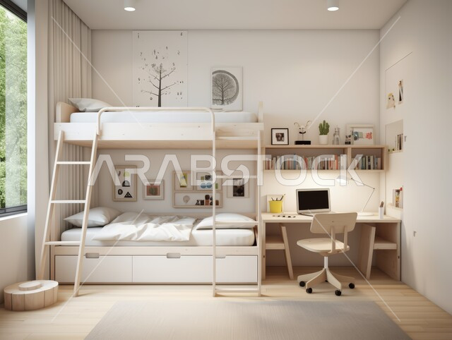 غرفة نوم أطفال مؤلفة من سريرين بتصاميم حديثة باللون الأبيض, الديكور الداخلي للفلل والشقق السكنية في المملكة العربية السعودية، غرف بأثاث أنيق وراقي، الديكورات والتصاميم العصرية على الطراز الحديث، كرسي مريح وطاولة للدراسة، اكسسوارات وتحف منزلية