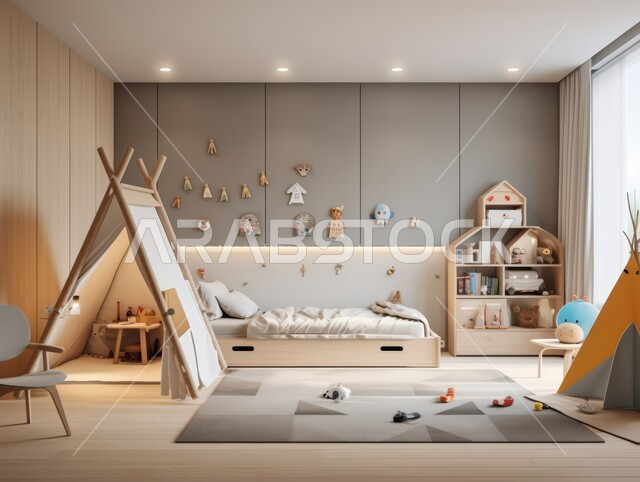 الديكورات الداخلية الراقية للفلل والشقق السكنية في المملكة العربية السعودية، غرفة نوم أطفال مع أثاث منزلي فاخر باللون الأبيض، التصاميم الأنيقة لغرف النوم المريحة على الطراز الحديث، اكسسوارات وتحف منزلية