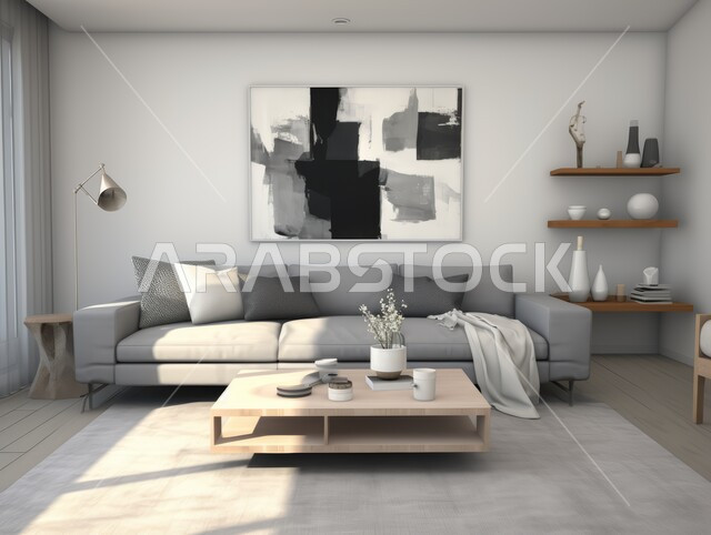 الديكورات الداخلية الراقية للفلل والشقق السكنية على الطراز الحديث في المملكة العربية السعودية، التصاميم الداخلية المميزة لغرف الجلوس، غرفة معيشة مع أثاث منزلي فاخر باللون الرمادي، اكسسوارات وتحف عصرية