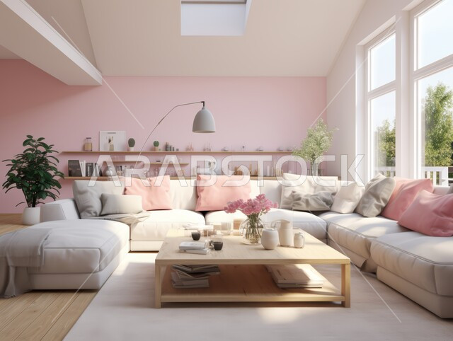 التصاميم الداخلية لغرف الجلوس على الطراز الحديث، غرفة معيشة مع أثاث منزلي فاخر باللون الأبيض، الديكورات الداخلية الراقية للفلل والشقق السكنية المميزة في المملكة العربية السعودية، اكسسوارات وتحف عصرية