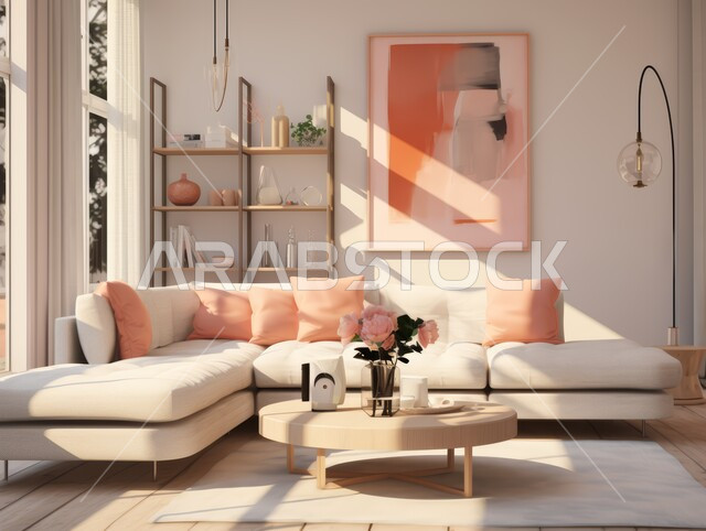 التصاميم الداخلية لغرف الجلوس على الطراز الحديث، غرفة معيشة مع أثاث منزلي فاخر باللون الأبيض، الديكورات الداخلية الراقية للفلل والشقق السكنية المميزة في المملكة العربية السعودية، اكسسوارات وتحف عصرية