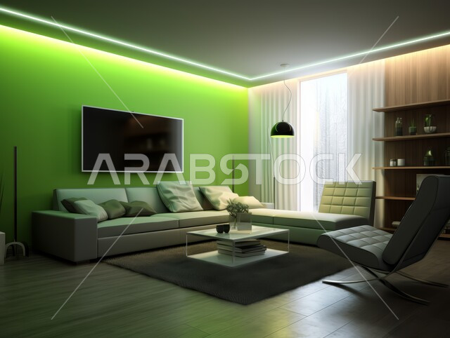 التصاميم الداخلية لغرف الجلوس على الطراز الحديث، غرفة معيشة مع أثاث منزلي فاخر باللون الأبيض، الديكورات الداخلية الراقية للفلل والشقق السكنية المميزة في المملكة العربية السعودية، اكسسوارات وتحف عصرية