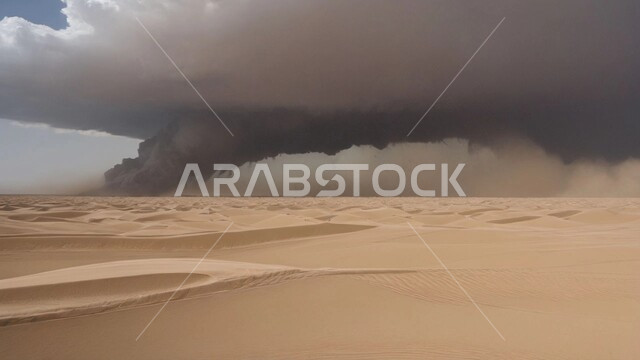 Dust winds in desert areas, dunes and soft golden sand, sand formations and formations in Saudi Arabia, view of a tornado in the desert, strong dust storms in deserts, natural phenomena and disasters