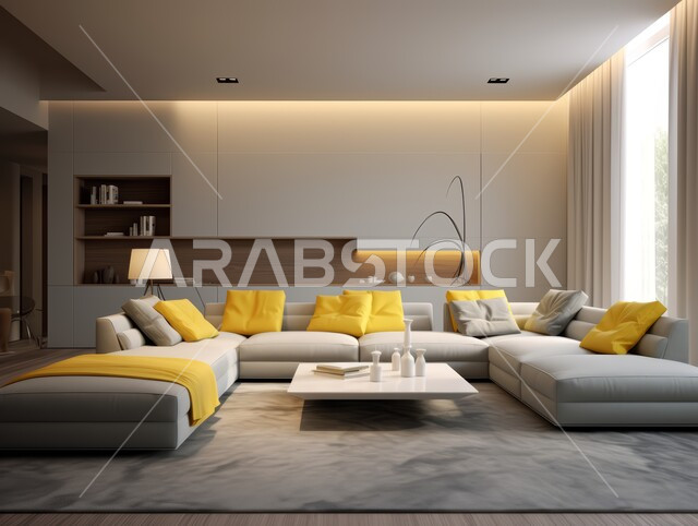 التصاميم الداخلية لغرف الجلوس على الطراز الحديث، غرفة معيشة مع أثاث منزلي فاخر باللون الأبيض والأصفر، الديكورات الداخلية الراقية للفلل والشقق السكنية المميزة في المملكة العربية السعودية، اكسسوارات وتحف عصرية