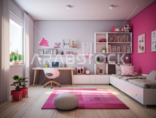غرفة نوم أطفال بتصاميم معاصرة حديثة باللون الزهري، أثاث منزلي فاخر وراقي، ديكورات داخلية مميزة, مكتبة صغيرة حائطية بداخلها مجموعه من الكتب والألعاب على الرفوف في الفلل والشقق السكنية في المملكة العربية السعودية