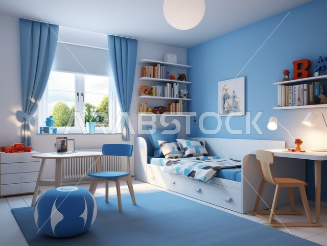 Modern interior designs and decorations, bedroom with modern designs in blue, distinctive residential apartments and villas, luxury hotels and resorts in the Kingdom of Saudi Arabia, rooms with elegant and upscale home furniture, shelves filled with books, stories and folders arranged