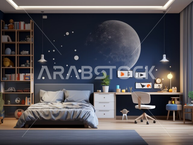  تصميمات وديكورات داخلية على الطراز الحديث، غرفة نوم بتصاميم عصرية باللون الأزرق، شقق وفلل سكنية مميزة، الفنادق والمنتجعات الفخمة في المملكة العربية السعودية، غرف بأثاث منزلي أنيق وراقي، الرفوف الممتلئة بالكتب والقصص والمجلدات المرتبة