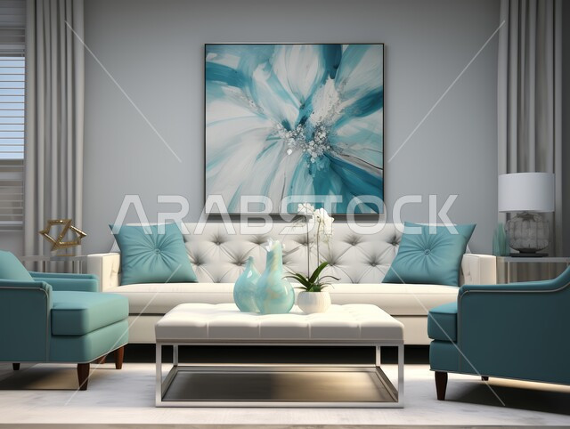 الديكورات الداخلية الراقية للفلل والشقق السكنية على الطراز الحديث في المملكة العربية السعودية، التصاميم الداخلية المميزة لغرف الجلوس، غرفة معيشة مع أثاث منزلي فاخر باللون الأبيض، اكسسوارات وتحف عصرية