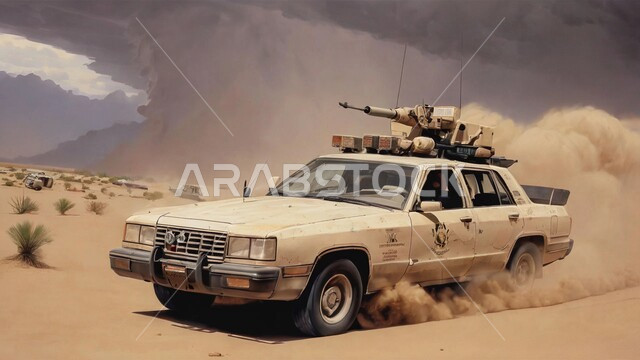 سيارة حربية تسير وسط الصحراء, منظر الإعصار الهوائي، رياح ترابية في المناطق الصحراوية, الكثبان والرمال الذهبية الناعمة، التشكيلات والتكوينات الرملية, الزوابع الغبارية القوية 
