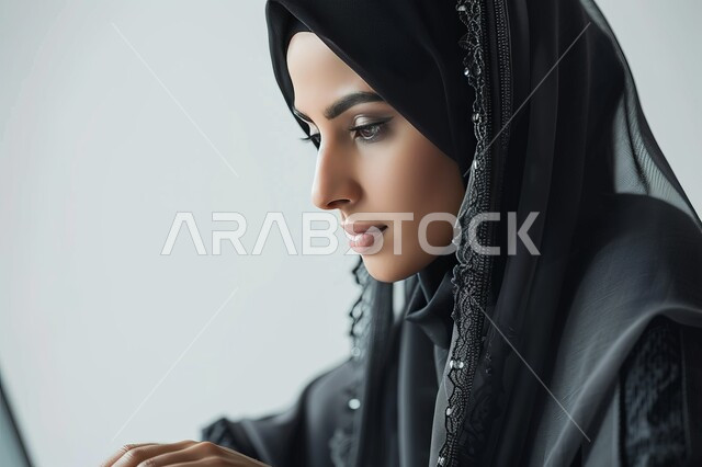 إدارة وتنظيم الأعمال ضمن مقر الشركة, ارتداء الأزياء العصرية للمحجبات، بيئة العمل المريحة في شركات المملكة، مهن ووظائف مكتبية نسائية, بورتريه من لجانب لامرأة عربية خليجية سعودية محجبة تنظر الى شيء ما بإيماءات التركيز، خلفية رمادية