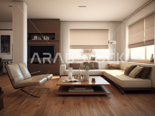 الديكورات الداخلية الراقية للفلل والشقق السكنية على الطراز الحديث في المملكة العربية السعودية، التصاميم الداخلية المميزة لغرف الجلوس، غرفة معيشة مع أثاث منزلي فاخر باللون الأبيض، اكسسوارات وتحف عصرية