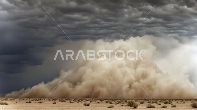 غبار العاصفة الرملية في الصحراء, رياح ترابية في المناطق الصحراوية, الكثبان والرمال الذهبية الناعمة، التشكيلات والتكوينات الرملية في المملكة العربية السعودية, منظر السماء الممتلئة بالغيوم الداكنة، الزوابع الغبارية القوية