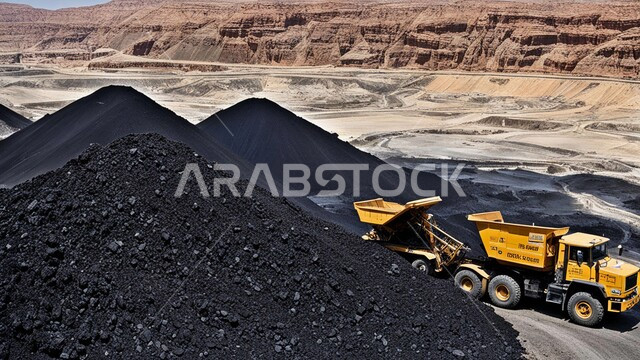 مناجم الفحم الطبيعي العربية، مناطق التنقيب عن الثروات الباطنية، الطبيعة الصخرية وتضاريس السلاسل الجبلية، المرتفعات وقمم الجبال في المملكة العربية السعودية، سيارة شحن كبيرة تقوم بالعمل في موقع التعدين