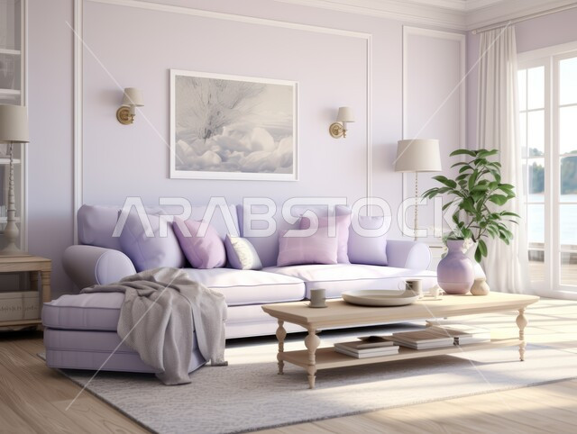 الديكورات الداخلية الراقية للفلل والشقق السكنية على الطراز الحديث في المملكة العربية السعودية، التصاميم الداخلية المميزة لغرف الجلوس، غرفة معيشة مع أثاث منزلي فاخر باللون البنفسجي، اكسسوارات وتحف عصرية