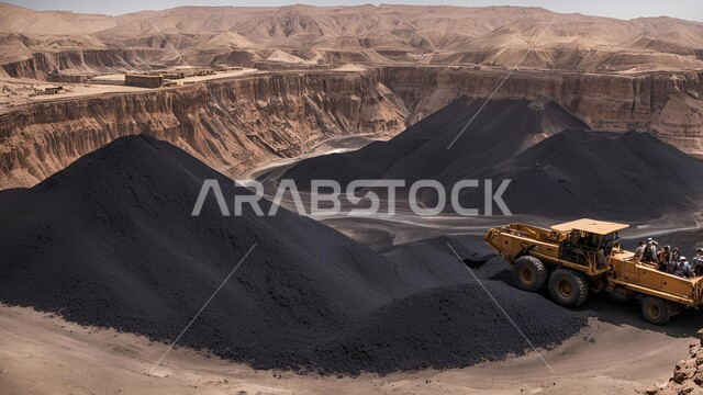 مناجم الفحم الطبيعي العربية، مناطق التنقيب عن الثروات الباطنية، الطبيعة الصخرية وتضاريس السلاسل الجبلية، المرتفعات وقمم الجبال في المملكة العربية السعودية، سيارة شحن كبيرة تقوم بالعمل في موقع التعدين