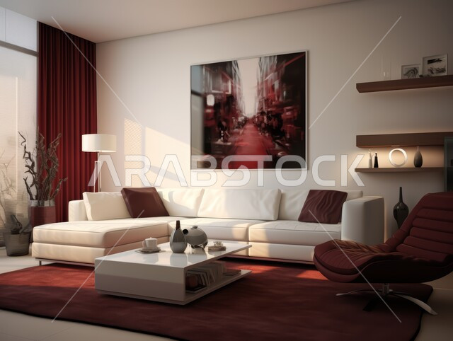 الديكورات الداخلية الراقية للفلل والشقق السكنية على الطراز الحديث في المملكة العربية السعودية، التصاميم الداخلية المميزة لغرف الجلوس، غرفة معيشة مع أثاث منزلي فاخر باللون الأبيض والخمري، اكسسوارات وتحف عصرية