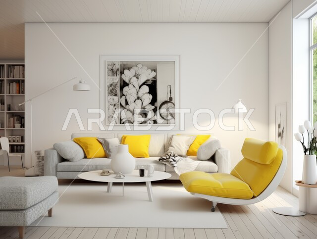 الديكورات الداخلية الراقية للفلل والشقق السكنية على الطراز الحديث في المملكة العربية السعودية، التصاميم الداخلية المميزة لغرف الجلوس، غرفة معيشة مع أثاث منزلي فاخر باللون الأبيض والأصفر، اكسسوارات وتحف عصرية