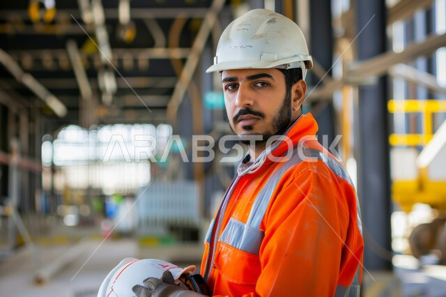 Youth engineering jobs and professions, working in factories and laboratories in the Kingdom of Saudi Arabia, a close-up image of a Saudi Arabian Gulf industrial engineer wearing a jacket and a protective helmet, looking at the camera with gestures of seriousness and self-confidence, monitoring and following up on production processes and the workflow of machines