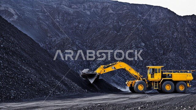 مناجم الفحم الطبيعي العربية، مناطق التنقيب عن الثروات الباطنية، الطبيعة الصخرية وتضاريس السلاسل الجبلية، المرتفعات وقمم الجبال في المملكة العربية السعودية، سيارة شحن كبيرة تقوم بالعمل في موقع التعدين