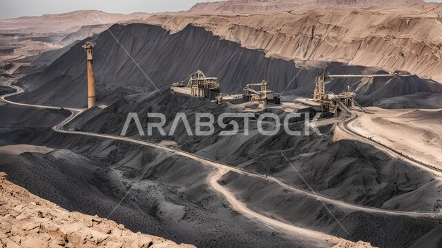 مناجم الفحم الطبيعي العربية، مناطق التنقيب عن الثروات الباطنية، الطبيعة الصخرية وتضاريس السلاسل الجبلية، المرتفعات وقمم الجبال في المملكة العربية السعودية، سيارة شحن كبيرة تقوم بالعمل في موقع التعدين