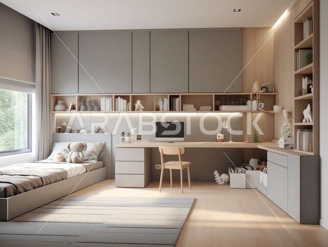 التصاميم الداخلية لغرف النوم على الطراز الحديث، غرفة نوم حديثة باللون الأبيض، الديكورات الراقية للفلل والشقق السكنية في المملكة العربية السعودية، اكسسوارات وتحف عصرية، كرسي مريح وطاولة للدراسة، أثاث أنيق ومميز