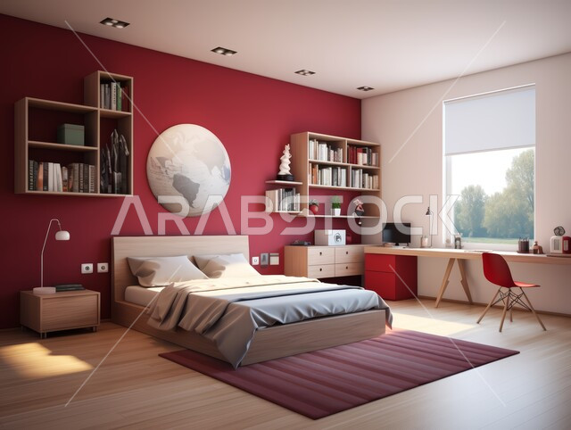 التصاميم الداخلية لغرف النوم على الطراز الحديث، غرفة نوم حديثة باللون الأبيض، الديكورات الراقية للفلل والشقق السكنية في المملكة العربية السعودية، اكسسوارات وتحف عصرية، كرسي مريح وطاولة للدراسة، أثاث أنيق ومميز، النوافذ والواجهات الزجاجية