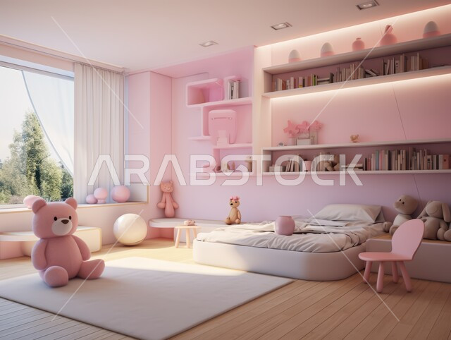 غرفة نوم أطفال بتصاميم عصرية، شقق وفلل سكنية مميزة، الفنادق والمنتجعات الفخمة في المملكة العربية السعودية، تصميمات وديكورات داخلية على الطراز االحديث، غرف نوم بآثاث منزلي أنيق باللون الوردي، تحف واكسسوارت فاخرة