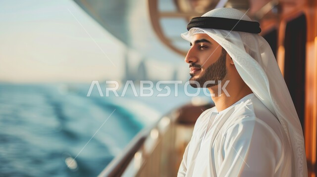 الاهتمام بالمظهر الخارجي، مفهوم الأناقة والرجولة العربية، صورة مقربة من الجانب لشاب عربي خليجي سعودي يضع الغترة على رأسه ويقف بشموخ, النظر إلى مكان بعيد في البحر بإيماءات الثقة والاعتزاز بالنفس، الاستمتاع بالإجازة الصيفية في المنتجعات السياحية، قضاء أوقات ممتعة وترفيهية خلال العطلة
