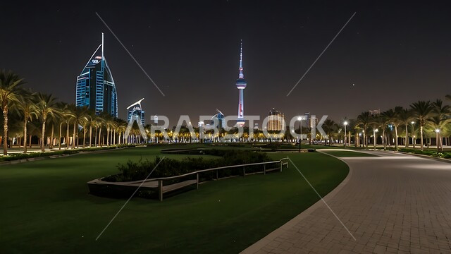الفن الهندسي المعماري على الطراز الحديث للابراج المضيئة, الاهتمام في زراعه اشجار النخيل على الجانب في حدائق دولة الكويت، أماكن ومناطق عائلية للتنزه والترفيه والمتعة، المنتزهات الترفيهية المضيئة في وقت الليل، النمو والتطور العمراني