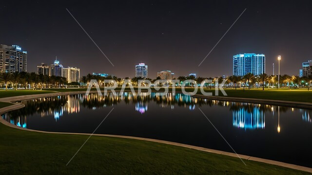 الاهتمام في زراعه اشجار النخيل على الجانب في حدائق دولة الكويت، أماكن ومناطق عائلية للتنزه والترفيه والمتعة، المنتزهات الترفيهية المضيئة في وقت الليل، الفن الهندسي المعماري على الطراز الحديث للابراج المضيئة, النمو والتطور العمراني