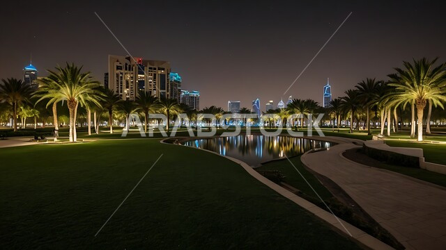 الاهتمام في زراعه اشجار النخيل على الجانب في حدائق دولة الكويت، أماكن ومناطق عائلية للتنزه والترفيه والمتعة، المنتزهات الترفيهية المضيئة في وقت الليل، الفن الهندسي المعماري على الطراز الحديث للابراج المضيئة, النمو والتطور العمراني