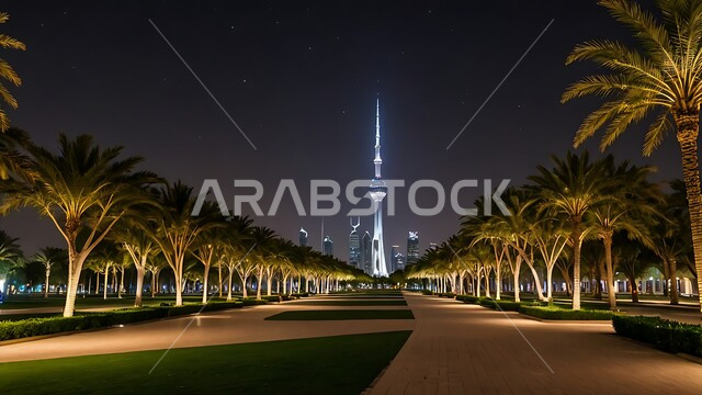 المنتزهات الترفيهية المضيئة في وقت الليل، أماكن ومناطق عائلية للتنزه والترفيه والمتعة، الاهتمام في زراعه اشجار النخيل على الجانب في حدائق دولة الكويت، الفن الهندسي المعماري على الطراز الحديث للابراج المضيئة, النمو والتطور العمراني