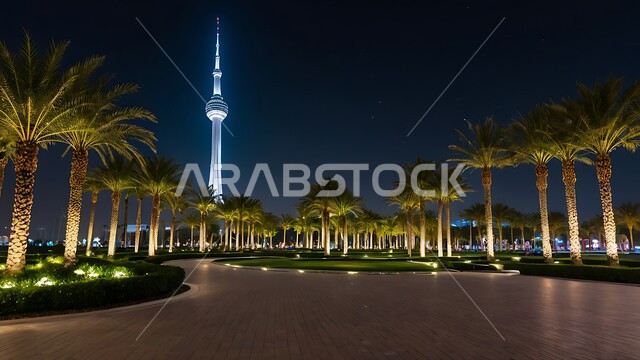 المنتزهات الترفيهية المضيئة في وقت الليل، أماكن ومناطق عائلية للتنزه والترفيه والمتعة، الاهتمام في زراعه اشجار النخيل على الجانب في حدائق دولة الكويت، الفن الهندسي المعماري على الطراز الحديث للابراج المضيئة, النمو والتطور العمراني