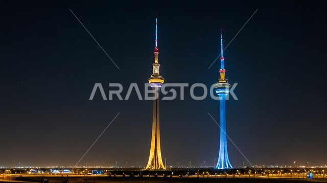 Modern architectural art of the illuminated Liberation Tower at night, towers and skyscrapers in Kuwait City, famous tourist attractions, urban development and progress of commercial and residential buildings and facilities.