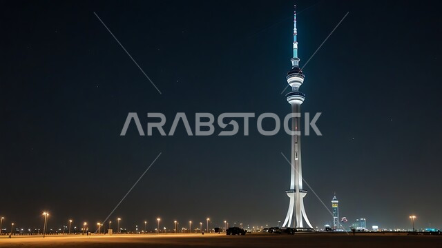 الفن الهندسي المعماري على الطراز الحديث لبرج التحرير المضيء في وقت الليل، الابراج وناطحات السحاب في مدينة الكويت، المعالم السياحية المشهورة, التطور والتقدم العمراني للمباني و المنشآت التجارية و السكنية