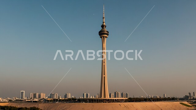 Famous tourist attractions, modern architectural art of the Liberation Tower illuminated during the day, towers and skyscrapers in Kuwait City, development and urban progress of commercial and residential buildings and facilities.