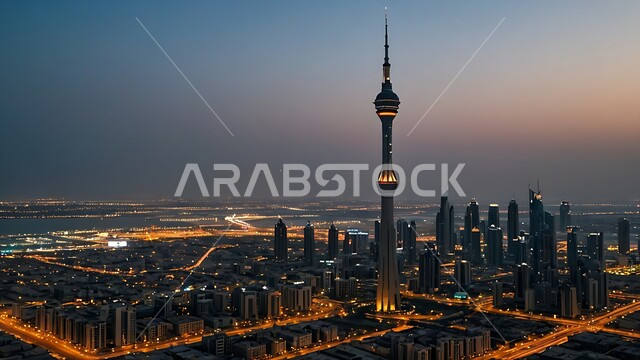 Modern architectural art of the illuminated Liberation Tower at night, towers and skyscrapers in Kuwait City, famous tourist attractions, urban development and progress of commercial and residential buildings and facilities.