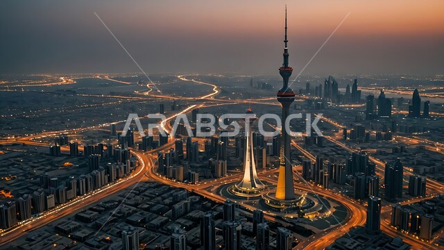 التطور والتقدم العمراني للمباني و المنشآت التجارية و السكنية، الابراج وناطحات السحاب في مدينة الكويت، الفن الهندسي المعماري على الطراز الحديث لبرج التحرير المضيء في وقت الليل، المعالم السياحية المشهورة