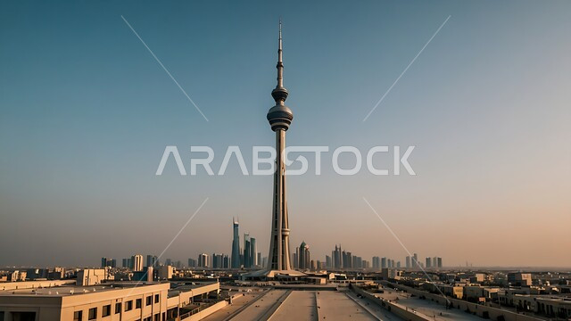 Famous tourist attractions, modern architectural art of the Liberation Tower illuminated during the day, towers and skyscrapers in Kuwait City, development and urban progress of commercial and residential buildings and facilities.