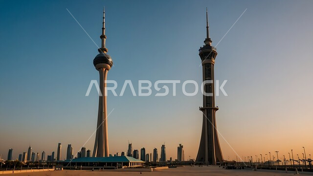 التطور والتقدم العمراني للمباني و المنشآت التجارية و السكنية، الابراج وناطحات السحاب في مدينة الكويت، الفن الهندسي المعماري على الطراز الحديث لبرج التحرير المضيء في وقت غروب الشمس، المعالم السياحية المشهورة