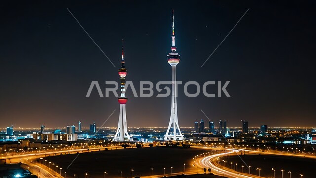 الابراج وناطحات السحاب في مدينة الكويت، الفن الهندسي المعماري على الطراز الحديث لبرج التحرير المضيء في وقت الليل، المعالم السياحية المشهورة, التطور والتقدم العمراني للمباني و المنشآت التجارية و السكنية